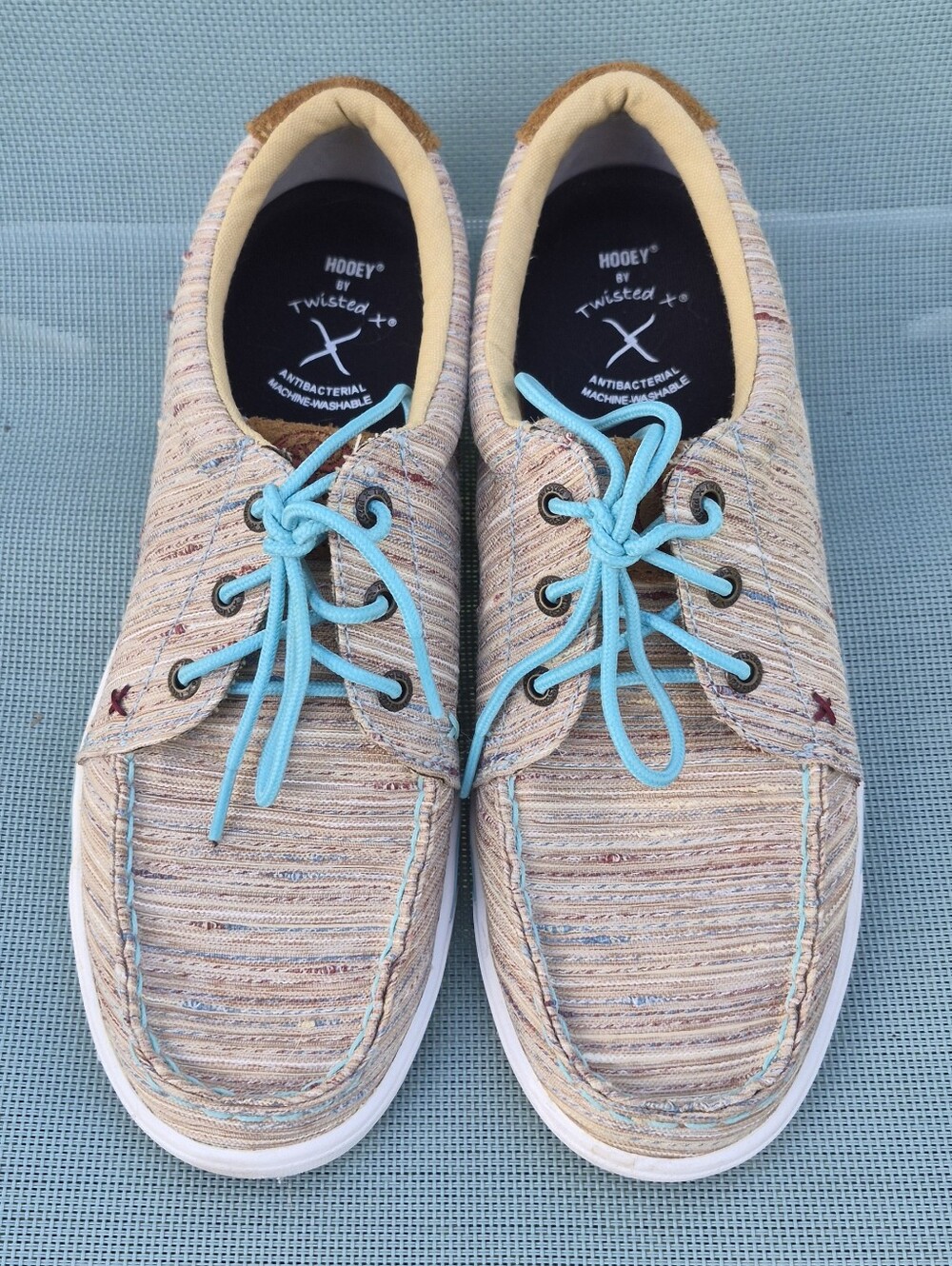 Twisted X Women Tan Canvas Boat Shoes with Aqua Laces